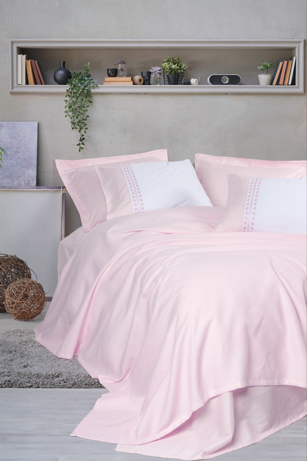 Cotton Box-Lusso Bambu Çift Kişilik Pike Takımı Spruce Pudra-Pike Takımı-1-Milagron.com