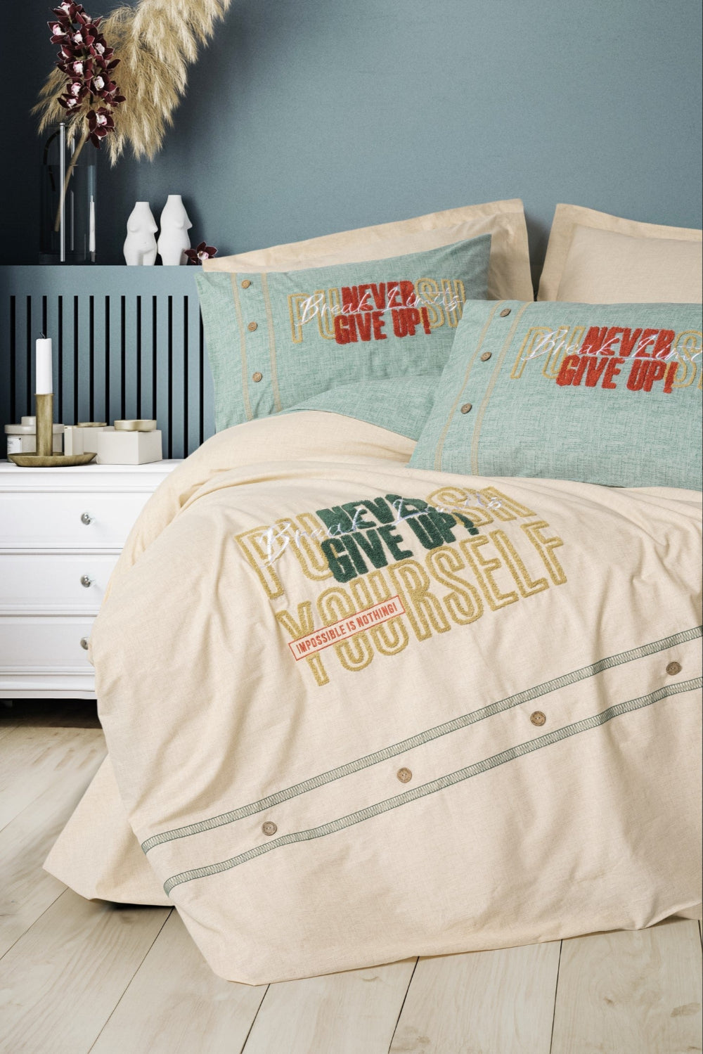 Cotton Box-Mood Nakışlı Ranforce Çift Kişilik Nevresim Takımı Forward Bej-Nevresim Takımı-1-Milagron.com