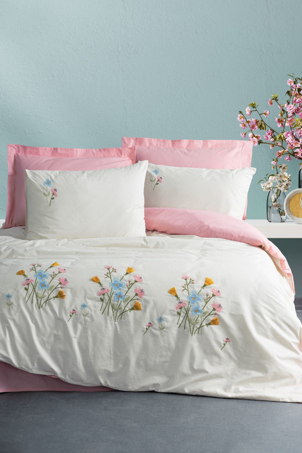 Cotton Box-Nakışlı Ranforce Çift Kişilik Nevresim Takımı Delbin Pembe-Nevresim Takımı-1-Milagron.com