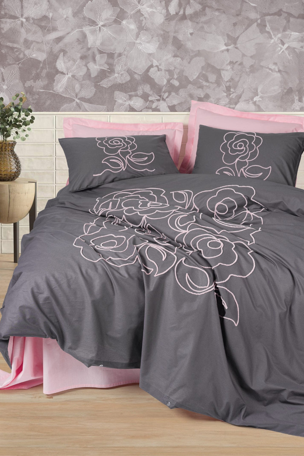 Cotton Box-Nakışlı Ranforce Çift Kişilik Nevresim Takımı Primula Pembe-Nevresim Takımı-1-Milagron.com