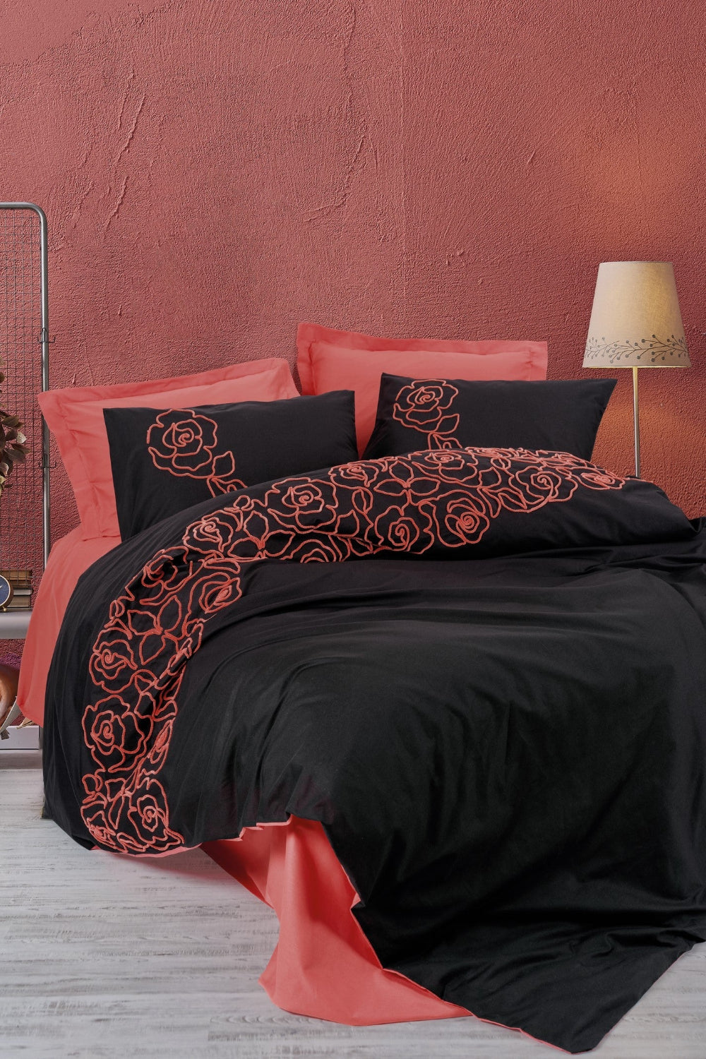 Cotton Box-Nakışlı Ranforce Çift Kişilik Nevresim Takımı Rosen Mercan-Nevresim Takımı-1-Milagron.com