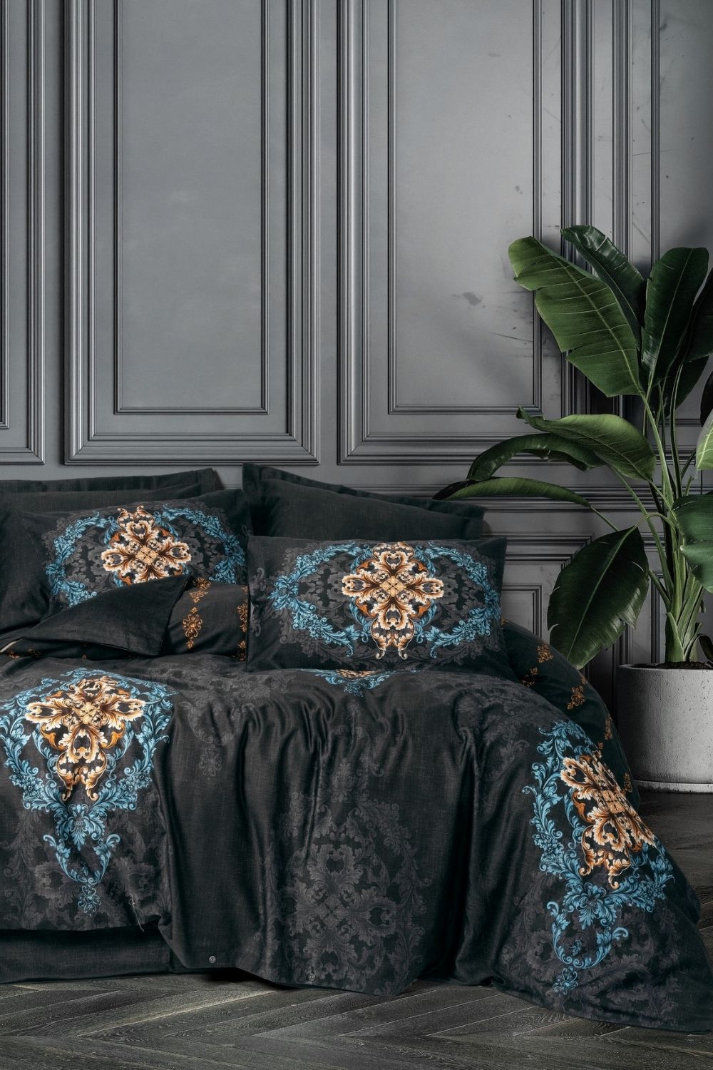 Cotton Box-Palace Saten Çift Kişilik Nevresim Takımı Dorhan Siyah-Nevresim Takımı-1-Milagron.com