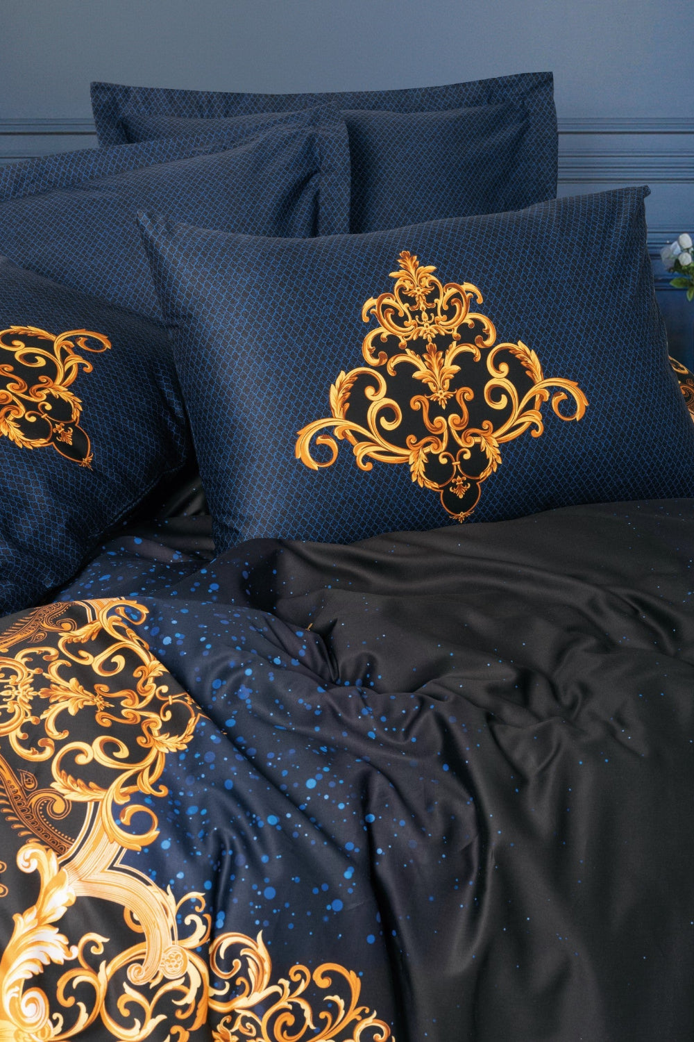 Cotton Box-Palace Saten Çift Kişilik Nevresim Takımı Tutsu Lacivert-Nevresim Takımı-2-Milagron.com