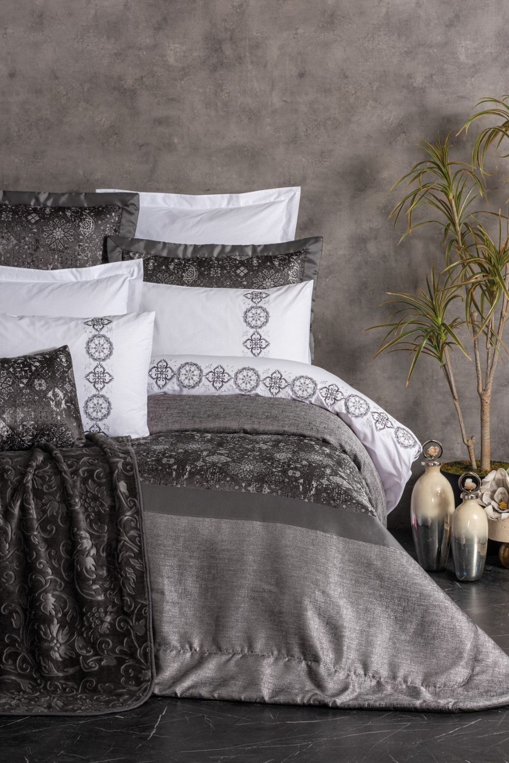 Cotton Box-Platinium Çeyiz Seti Valeria Antrasit-Nevresim Takımı-1-Milagron.com