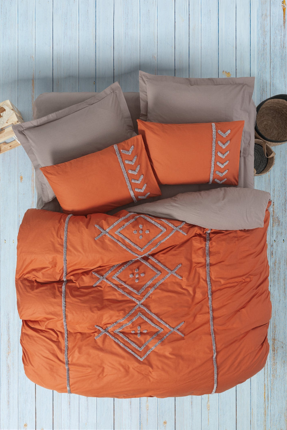 Cotton Box-Puff Nakışlı Çift Kişilik Nevresim Takımı Liya Kiremit Bej-Nevresim Takımı-1-Milagron.com