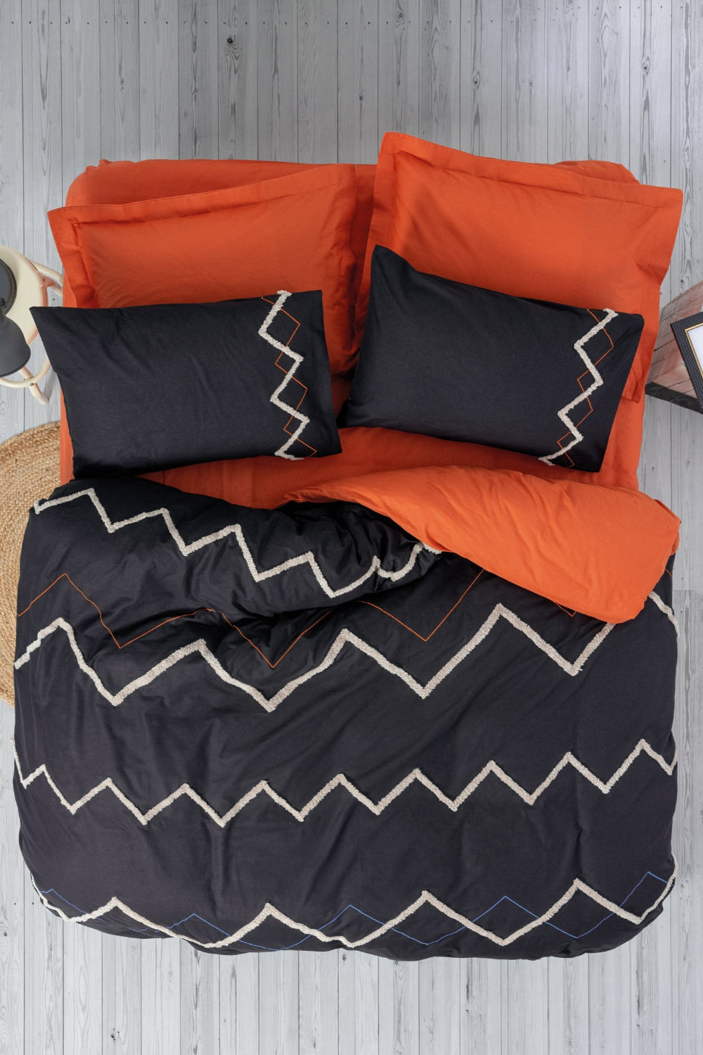 Cotton Box-Puff Nakışlı Çift Kişilik Nevresim Takımı Mirely Siyah Kiremit-Nevresim Takımı-1-Milagron.com