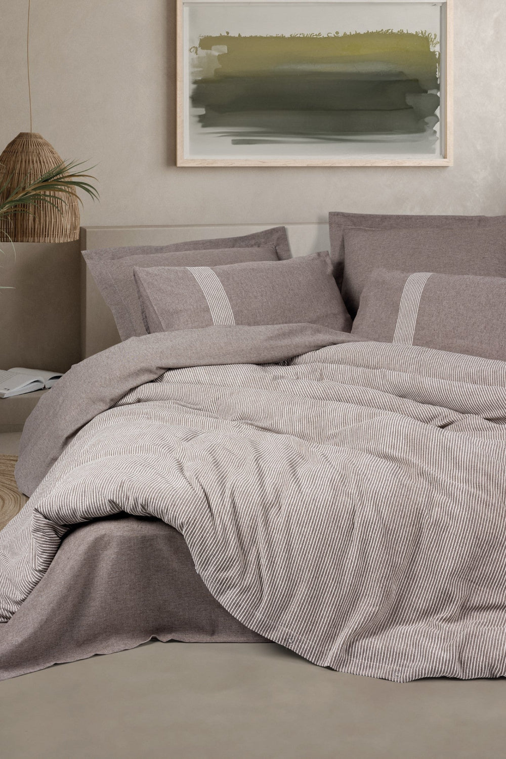 Cotton Box-Ribbed Çift Kişilik Nevresim Takımı Linje Kahve-Nevresim Takımı-1-Milagron.com
