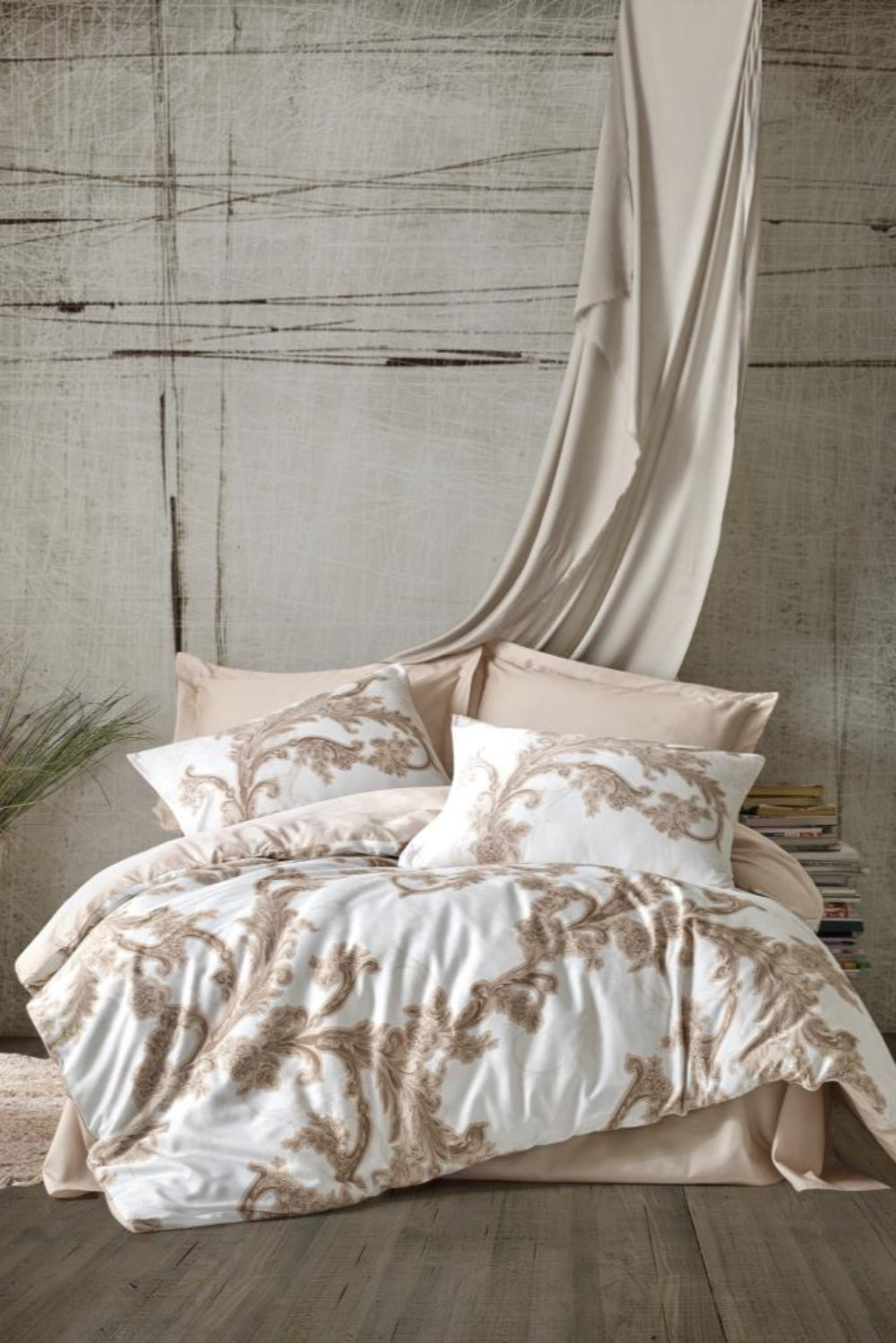 Cotton Box-Saten Çift Kişilik Nevresim Takımı Loren Bej-Nevresim Takımı-1-Milagron.com