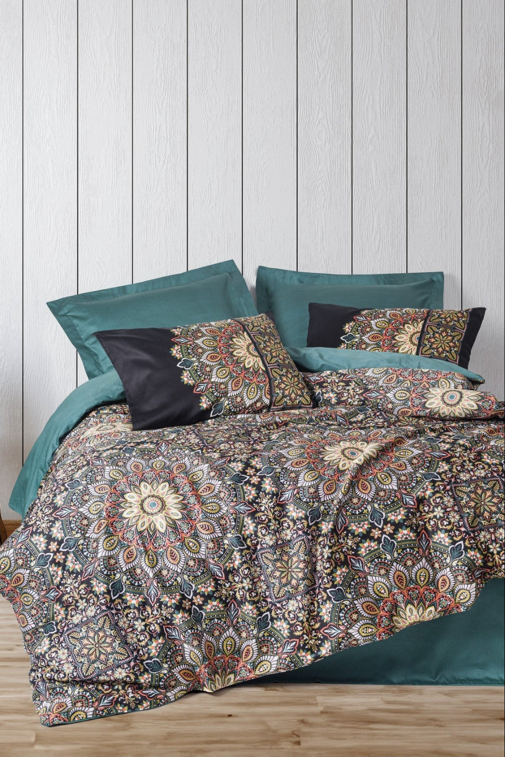 Cotton Box-Saten Çift Kişilik Nevresim Takımı Ornate Petrol-Nevresim Takımı-1-Milagron.com