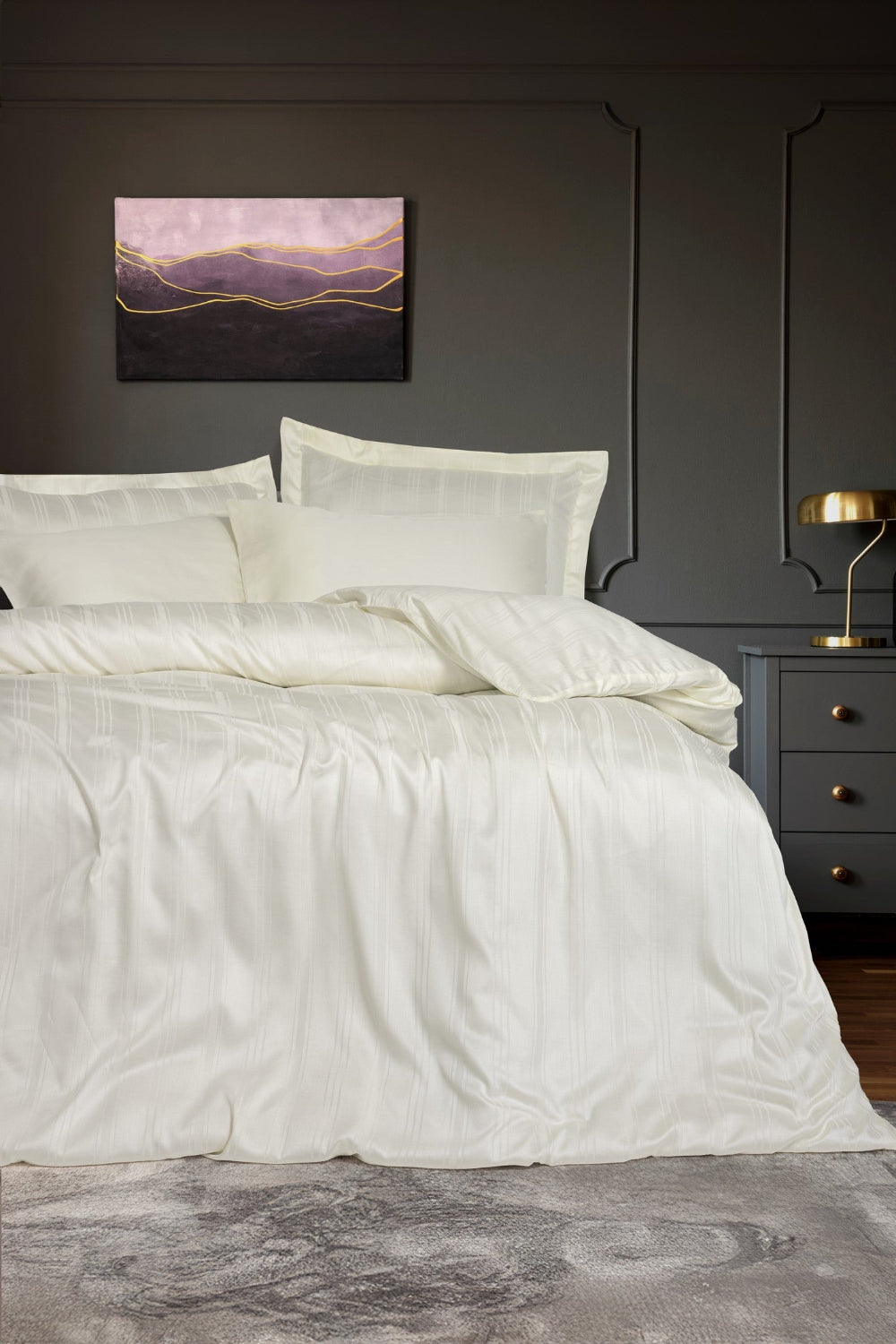 Cotton Box-Smart Bambu Saten Çift Kişilik Nevresim Takımı Stripe Ekru-Nevresim Takımı-1-Milagron.com