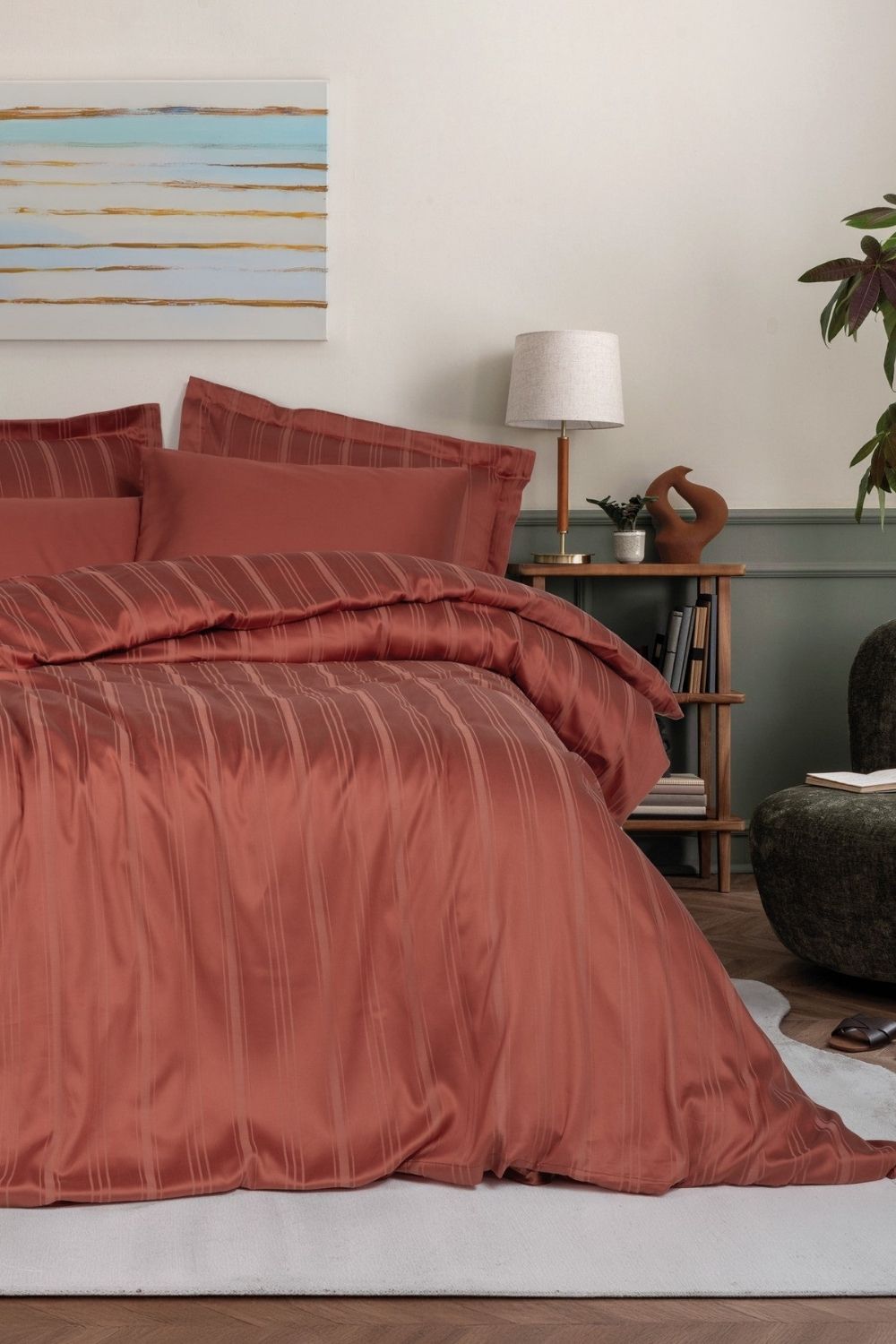 Cotton Box-Smart Bambu Saten Çift Kişilik Nevresim Takımı Stripe Kiremit-Nevresim Takımı-1-Milagron.com