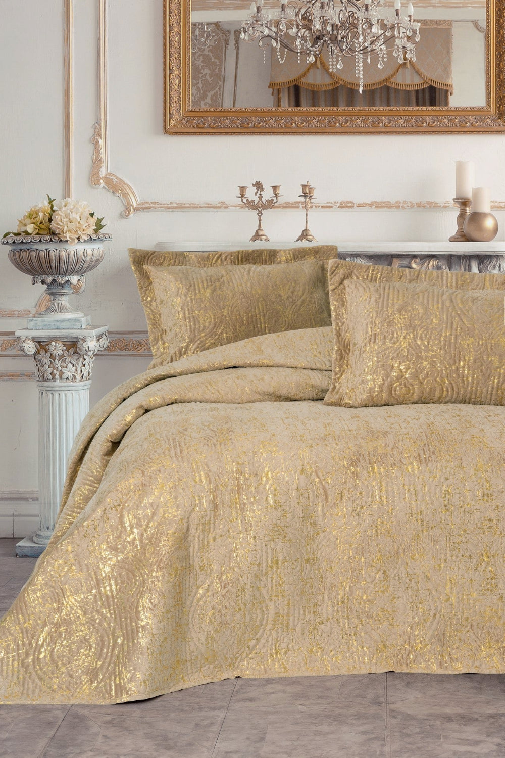 Cotton Box-Smart Çift Kişilik Yatak Örtüsü Kadife Varaklı Brillante Kahve-Yatak Örtüsü-1-Milagron.com