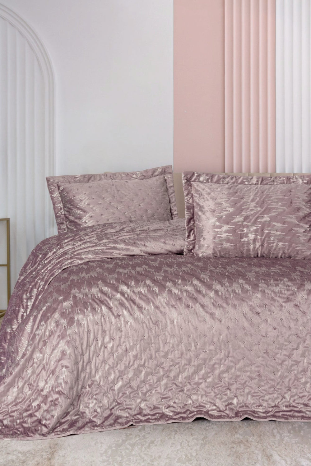 Cotton Box-Smart Çift Kişilik Yatak Örtüsü Kadife Varaklı Luz Pudra-Yatak Örtüsü-1-Milagron.com