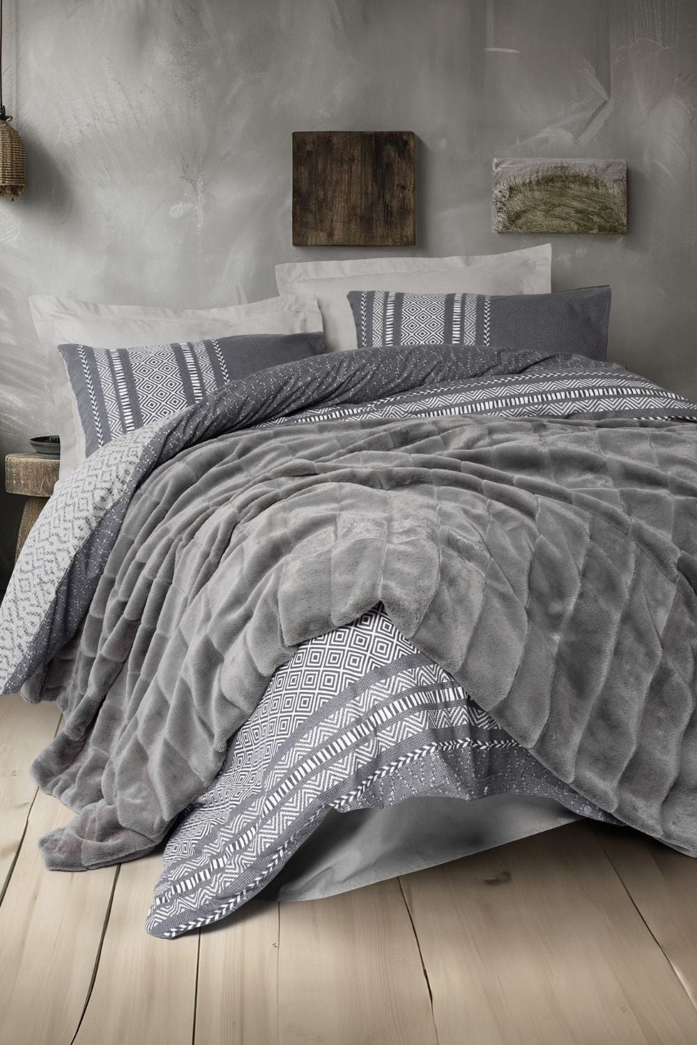 Cotton Box-Trim Çift Kişilik Kürk Battaniyeli Nevresim Takımı Suave Antrasit-Nevresim Takımı-1-Milagron.com