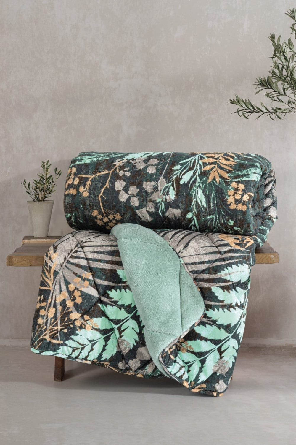 Cotton Box-Cotton Box Velvet Tek Kişilik Yorgan Clorasa Mint 155x215 Cm-Tek Kişilik Yorgan-1-Milagron.com