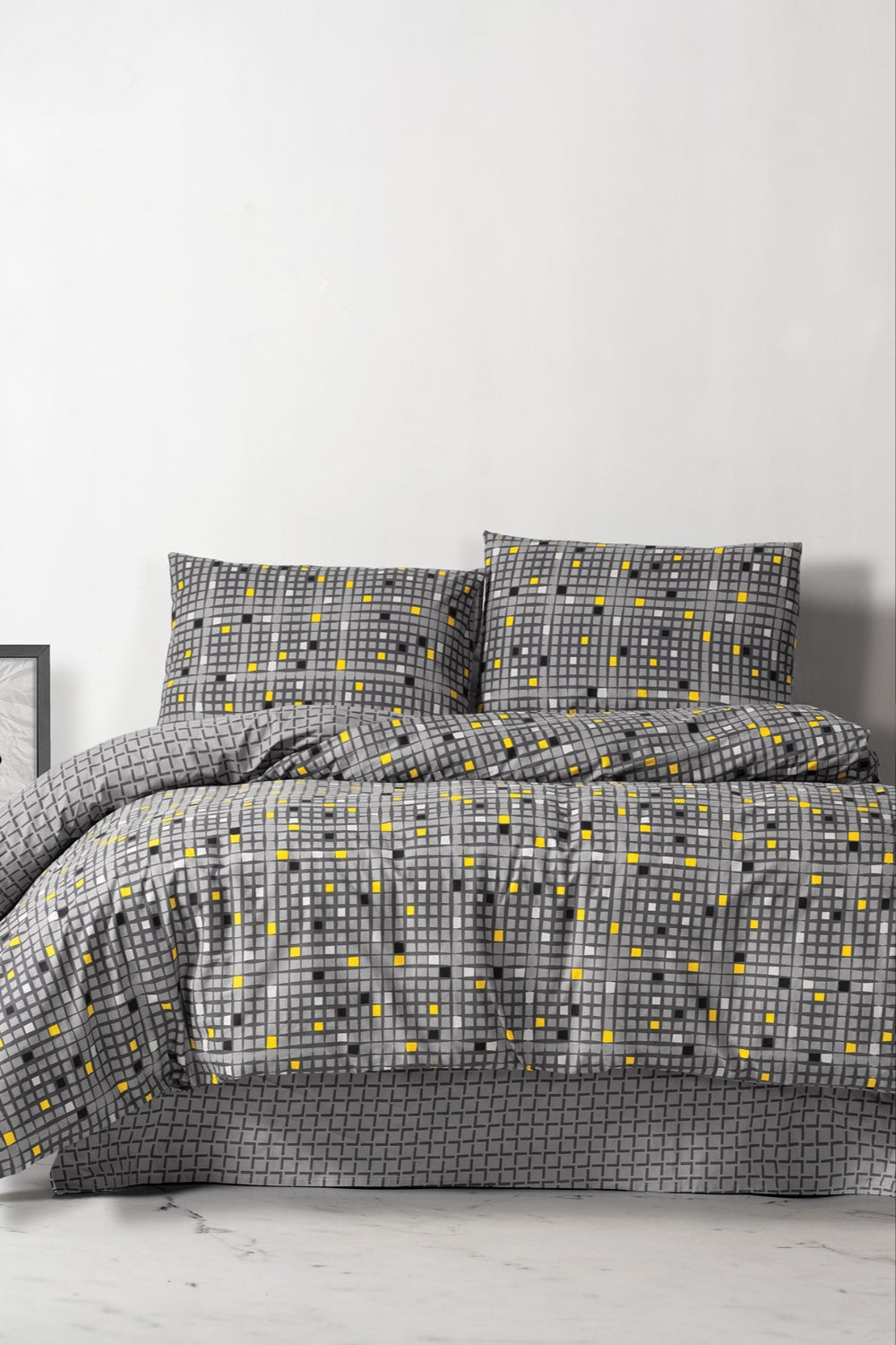 Cozy Home-Cozy Home çift Kişilik Lastikli çarşaflı Nevresim Takımı Dama Sarı-Çift Kişilik Nevresim Takımı-2-Milagron.com