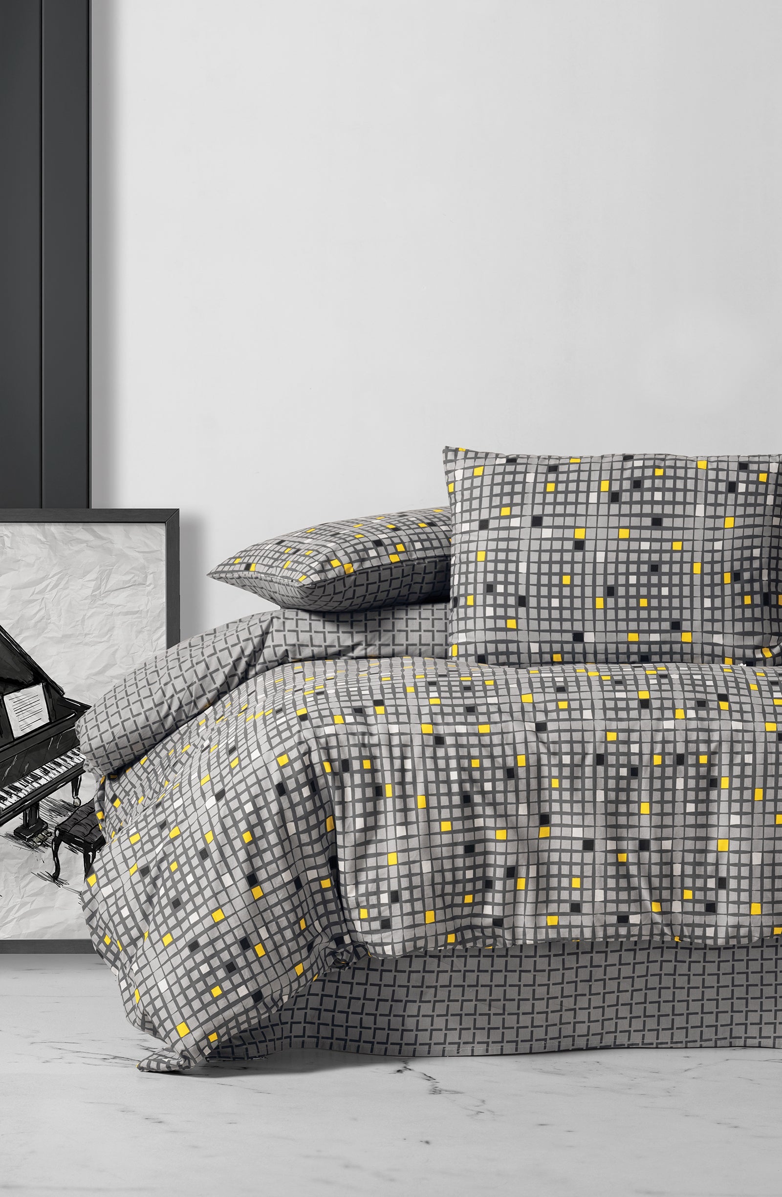 Cozy Home-Cozy Home çift Kişilik Lastikli çarşaflı Nevresim Takımı Dama Sarı-Çift Kişilik Nevresim Takımı-4-Milagron.com