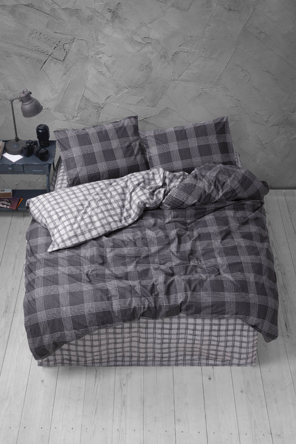 Cozy Home-Cozy Home çift Kişilik Lastikli çarşaflı Nevresim Takımı Ekose Antrasit-Çift Kişilik Nevresim Takımı-1-Milagron.com