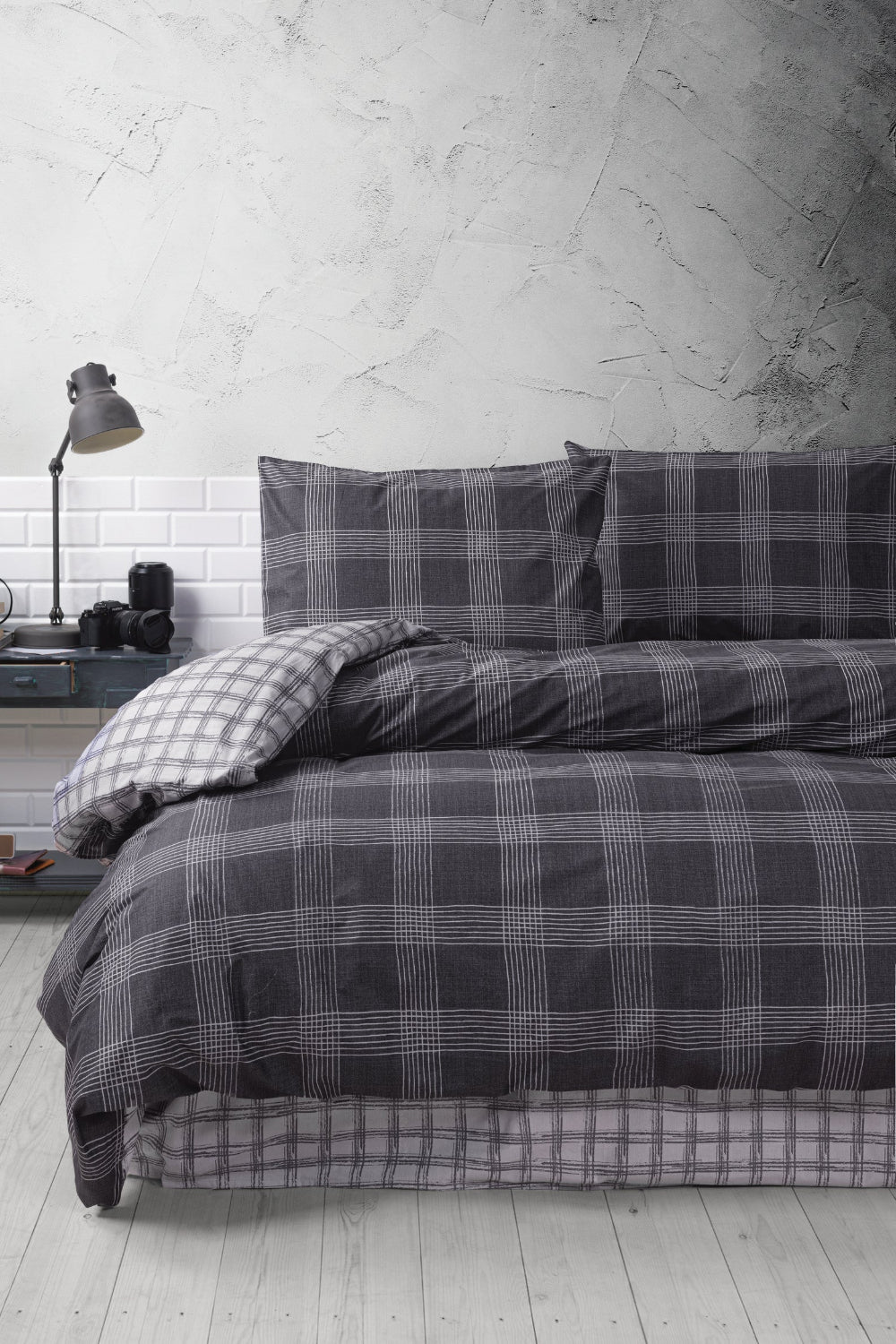 Cozy Home-Cozy Home çift Kişilik Lastikli çarşaflı Nevresim Takımı Ekose Antrasit-Çift Kişilik Nevresim Takımı-2-Milagron.com