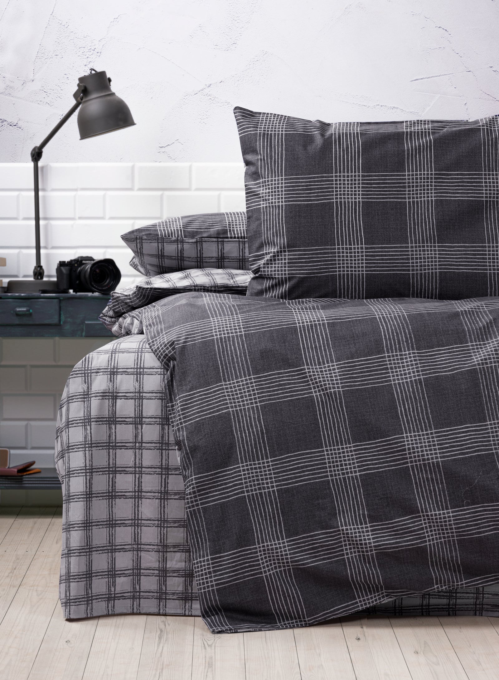 Cozy Home-Cozy Home çift Kişilik Lastikli çarşaflı Nevresim Takımı Ekose Antrasit-Çift Kişilik Nevresim Takımı-3-Milagron.com