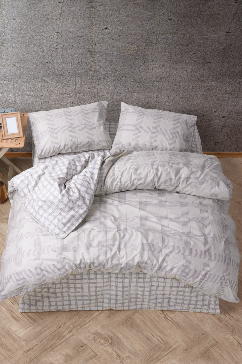 Cozy Home-Cozy Home çift Kişilik Lastikli çarşaflı Nevresim Takımı Ekose Bej-Çift Kişilik Nevresim Takımı-1-Milagron.com