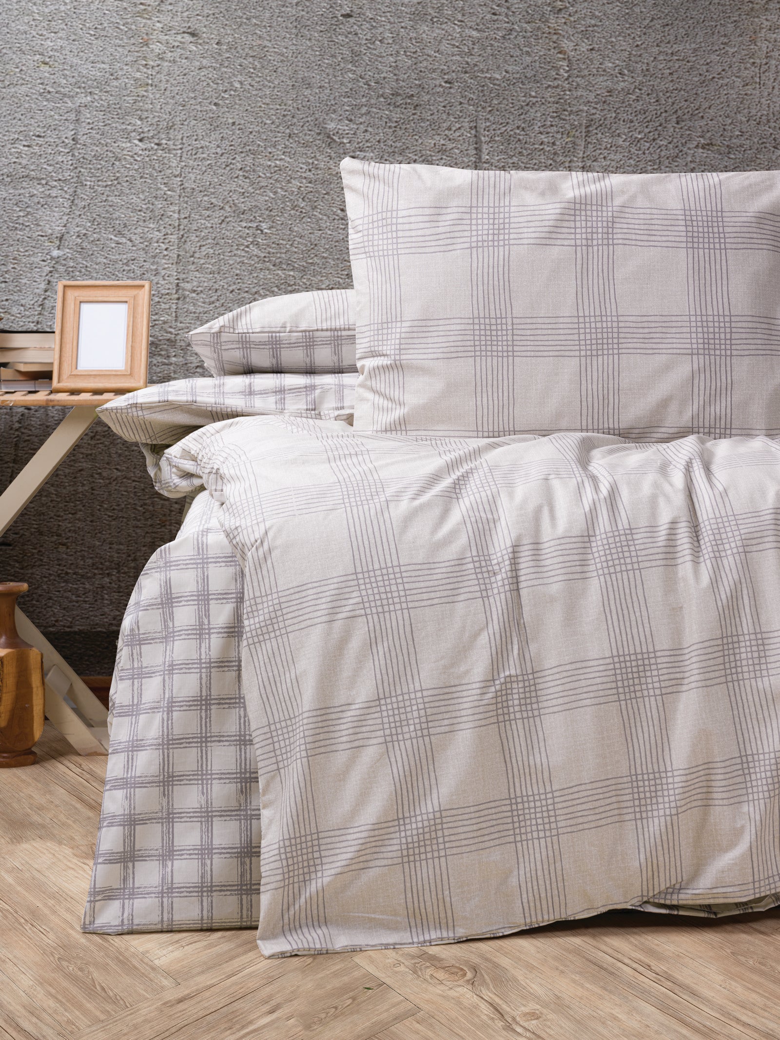 Cozy Home-Cozy Home çift Kişilik Lastikli çarşaflı Nevresim Takımı Ekose Bej-Çift Kişilik Nevresim Takımı-3-Milagron.com