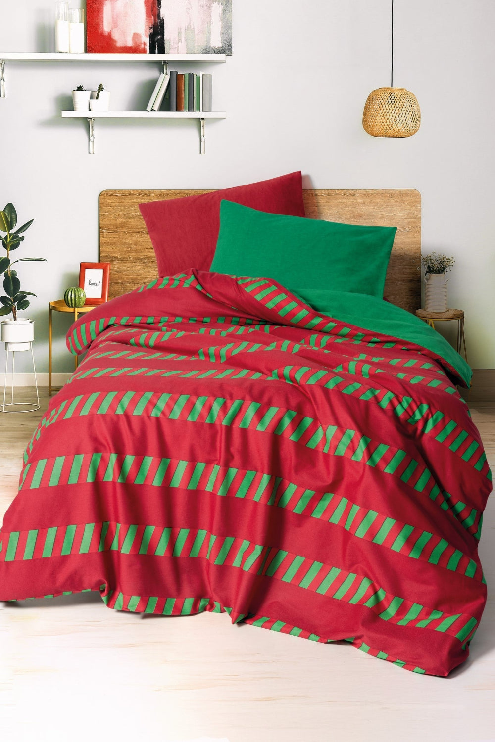 Cozy Home-Cozy Home Festive Tek Kişilik Lastikli çarşaflı Nevresim Takımı Holly Yeşil-Tek Kişilik Nevresim Takımı-1-Milagron.com