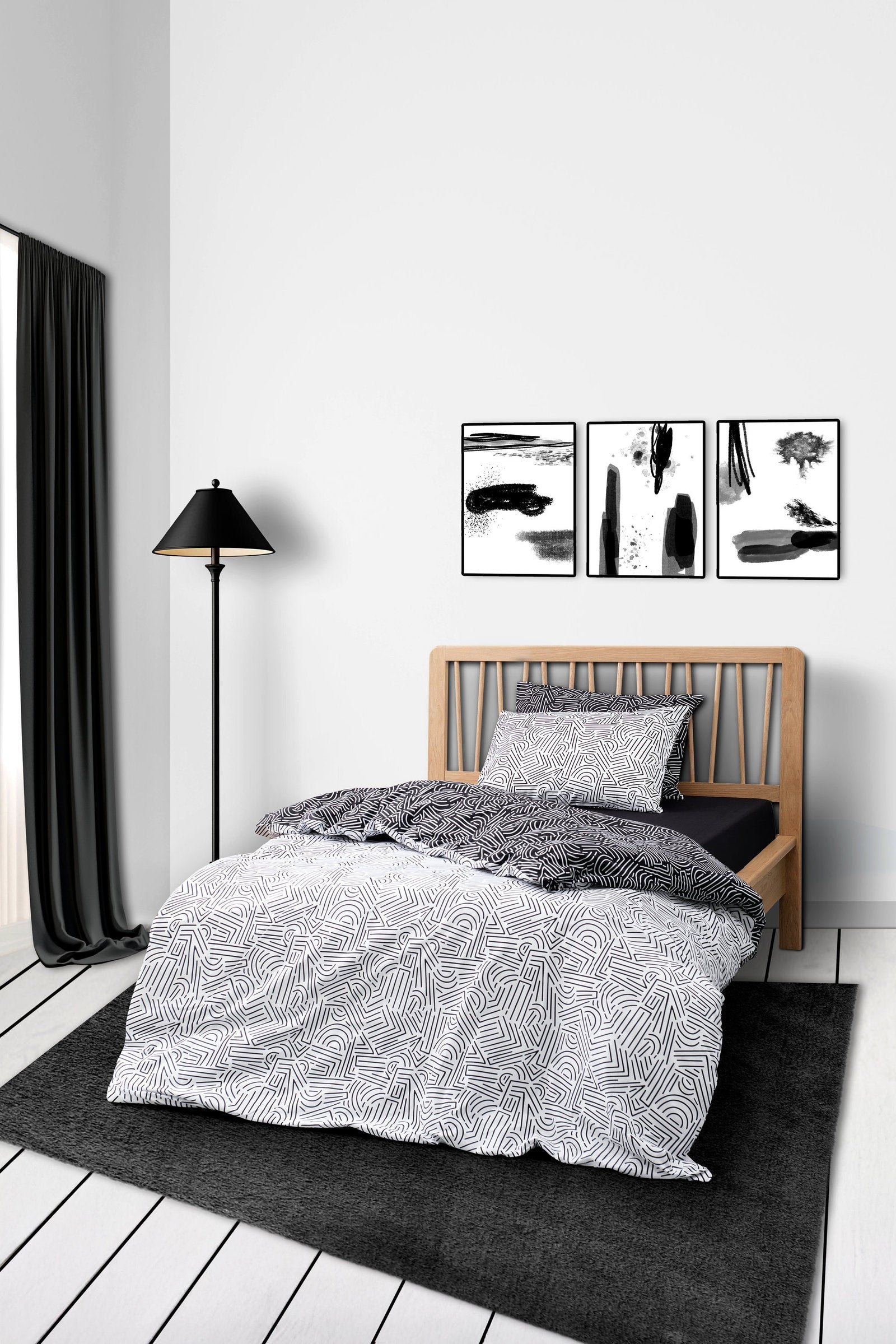 Cozy Home Mono Tek Kişilik Lastikli Çarşaflı Nevresim Takımı Maze Siyah