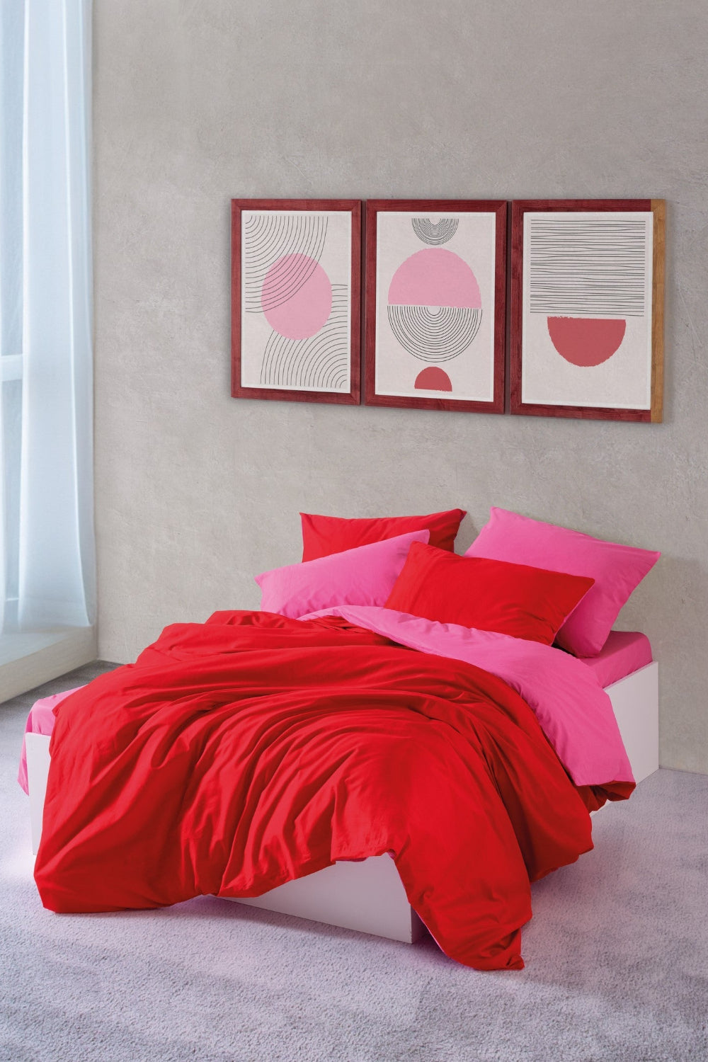 Cozy Home-Popping Colors Çift Kişilik Lastikli Çarşaflı Nevresim Takımı Sage Kırmızı Fuşya-Nevresim Takımı-1-Milagron.com