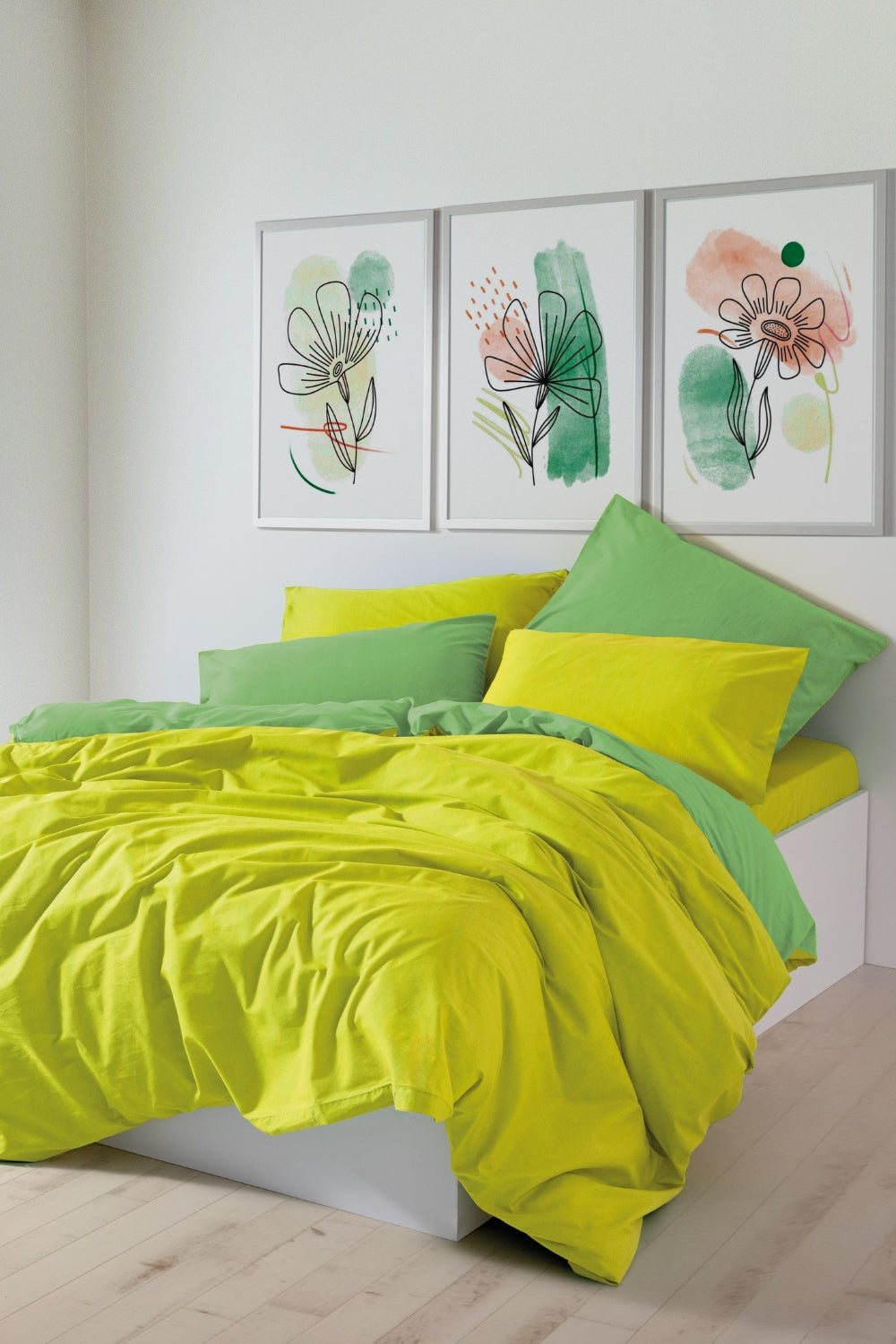 Cozy Home-Popping Colors Çift Kişilik Lastikli Çarşaflı Nevresim Takımı Sage Sarı Yeşil-Nevresim Takımı-1-Milagron.com