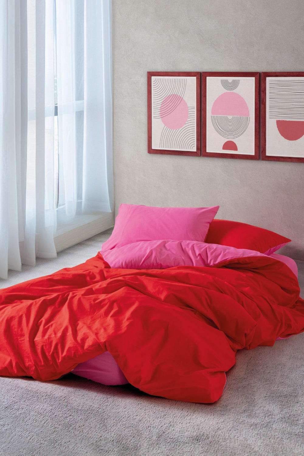 Cozy Home-Popping Colors Tek Kişilik Lastikli Çarşaflı Nevresim Takımı Sage Kırmızı Fuşya-Nevresim Takımı-1-Milagron.com