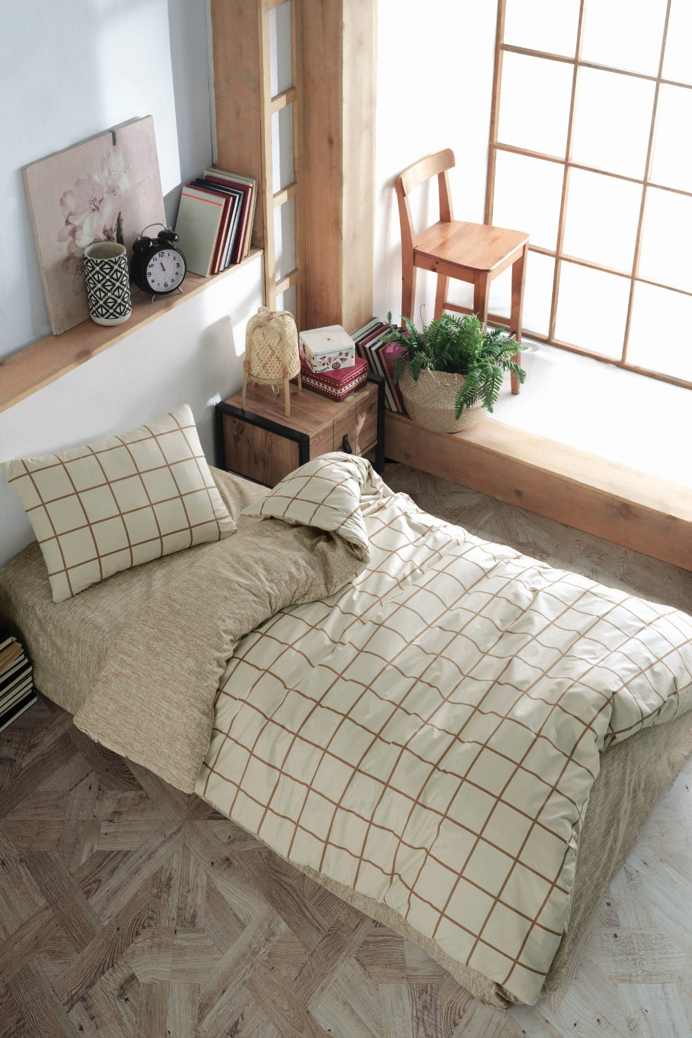 Cozy Home-Cozy Home Tek Kişilik Lastikli çarşaflı Nevresim Takımı Kare Krem-Tek Kişilik Nevresim Takımı-2-Milagron.com