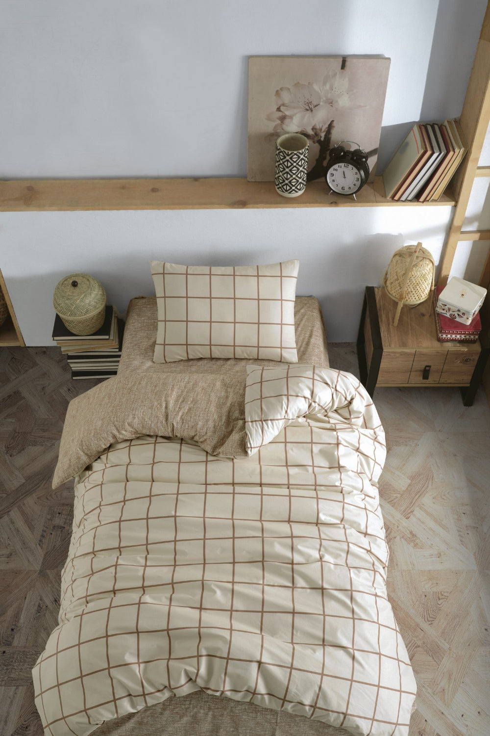 Cozy Home-Cozy Home Tek Kişilik Lastikli çarşaflı Nevresim Takımı Kare Krem-Tek Kişilik Nevresim Takımı-1-Milagron.com