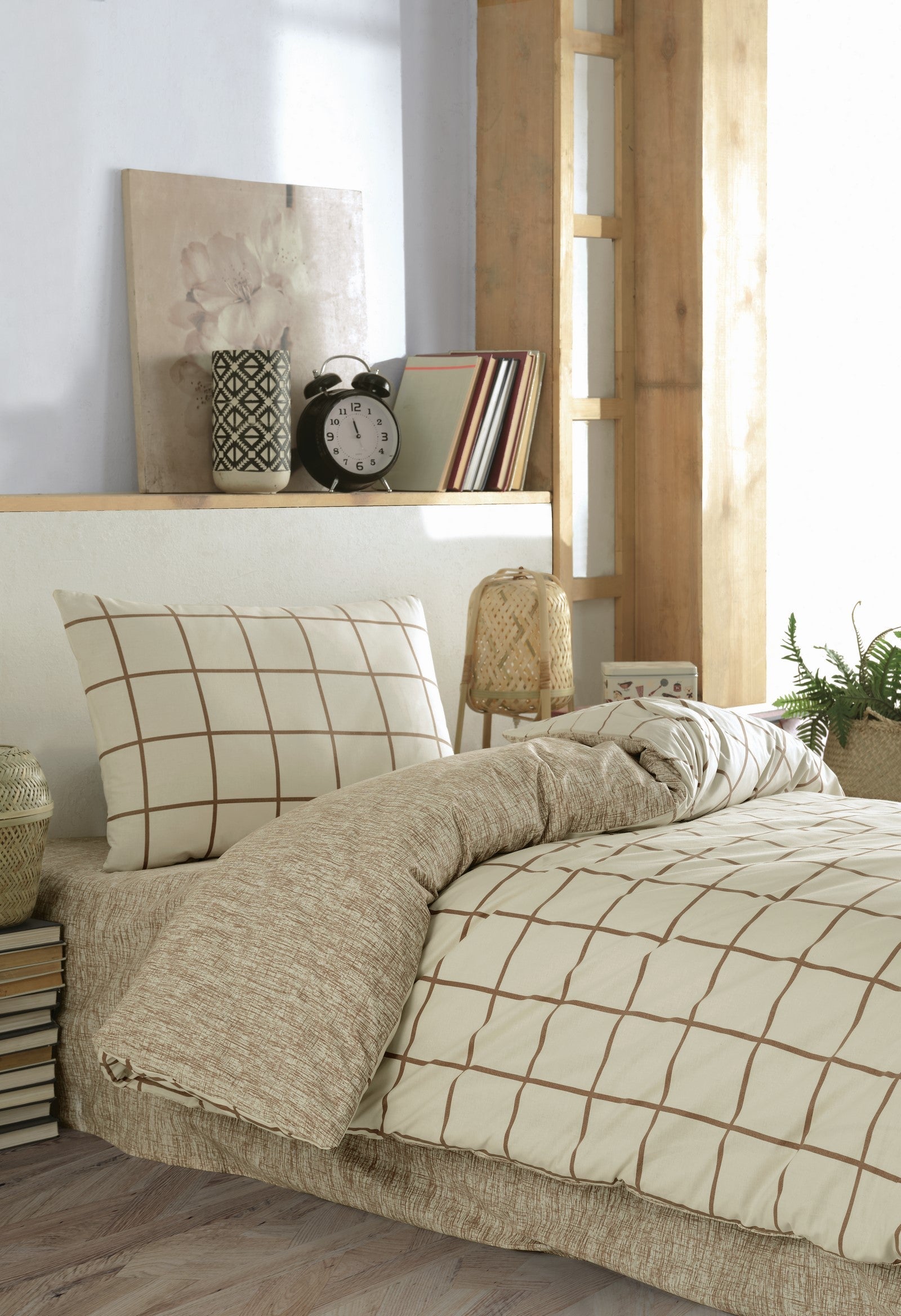 Cozy Home-Cozy Home Tek Kişilik Lastikli çarşaflı Nevresim Takımı Kare Krem-Tek Kişilik Nevresim Takımı-3-Milagron.com