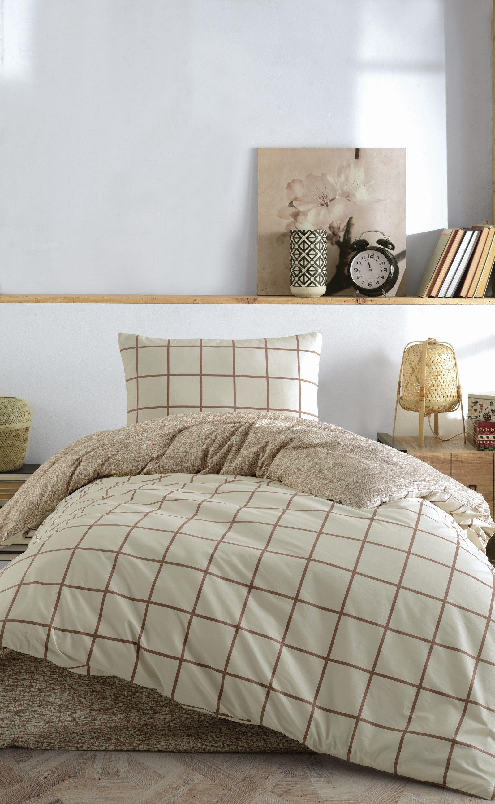 Cozy Home-Cozy Home Tek Kişilik Lastikli çarşaflı Nevresim Takımı Kare Krem-Tek Kişilik Nevresim Takımı-5-Milagron.com