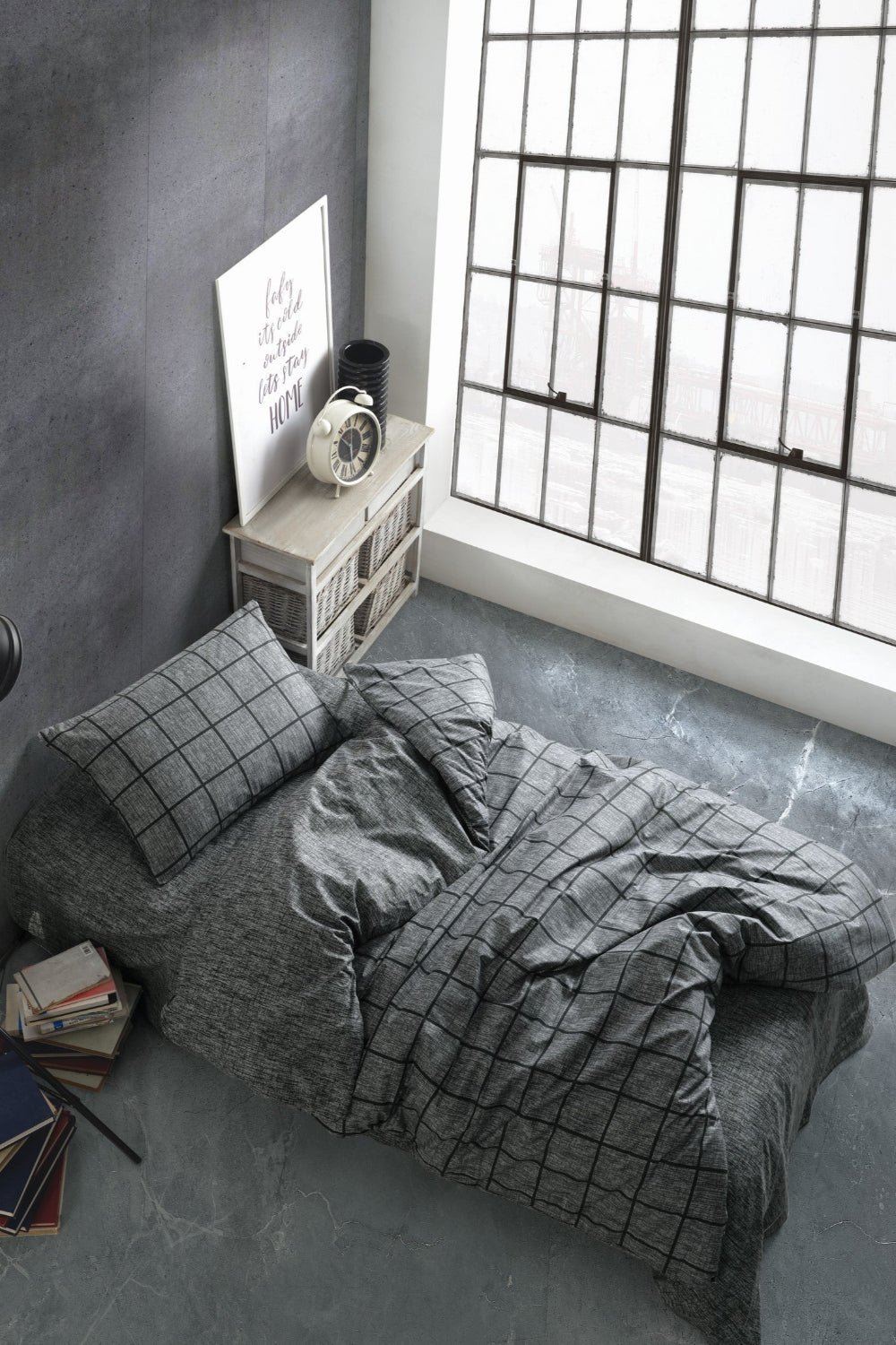 Cozy Home-Cozy Home Tek Kişilik Lastikli çarşaflı Nevresim Takımı Kare Siyah-Tek Kişilik Nevresim Takımı-2-Milagron.com