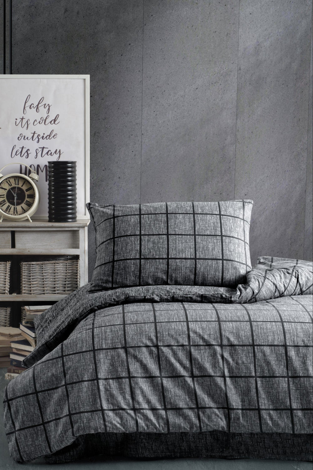 Cozy Home-Cozy Home Tek Kişilik Lastikli çarşaflı Nevresim Takımı Kare Siyah-Tek Kişilik Nevresim Takımı-1-Milagron.com