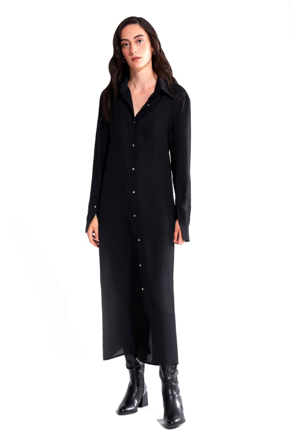 Crescent Line-Tide Gömlek Elbise Siyah-Elbise-4-Milagron.com