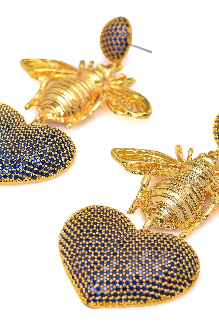 Damla Kalender-Bee With Blue Heart Earrings-Küpe-2-Milagron.com