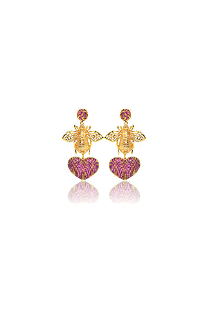 Damla Kalender-Bee With Pink Heart Earrings-Küpe-1-Milagron.com