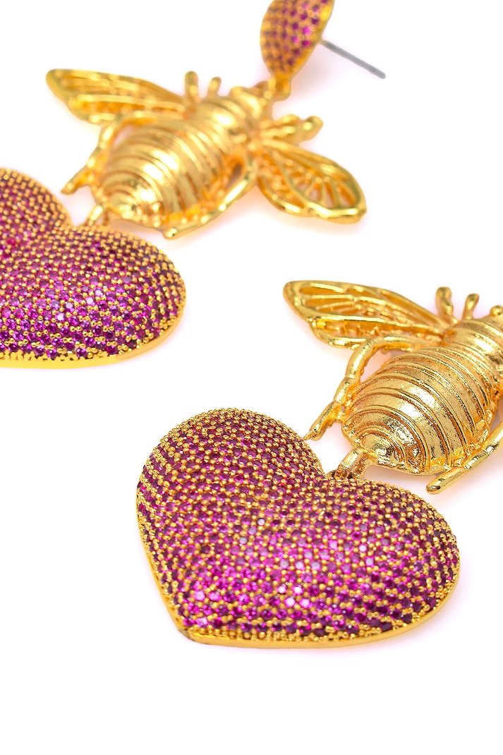 Damla Kalender-Bee With Pink Heart Earrings-Küpe-3-Milagron.com