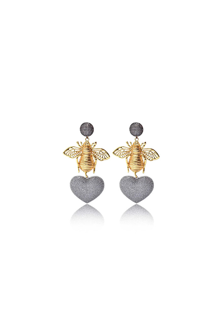 Damla Kalender-Bee With Silver Heart Earrings-Küpe-1-Milagron.com