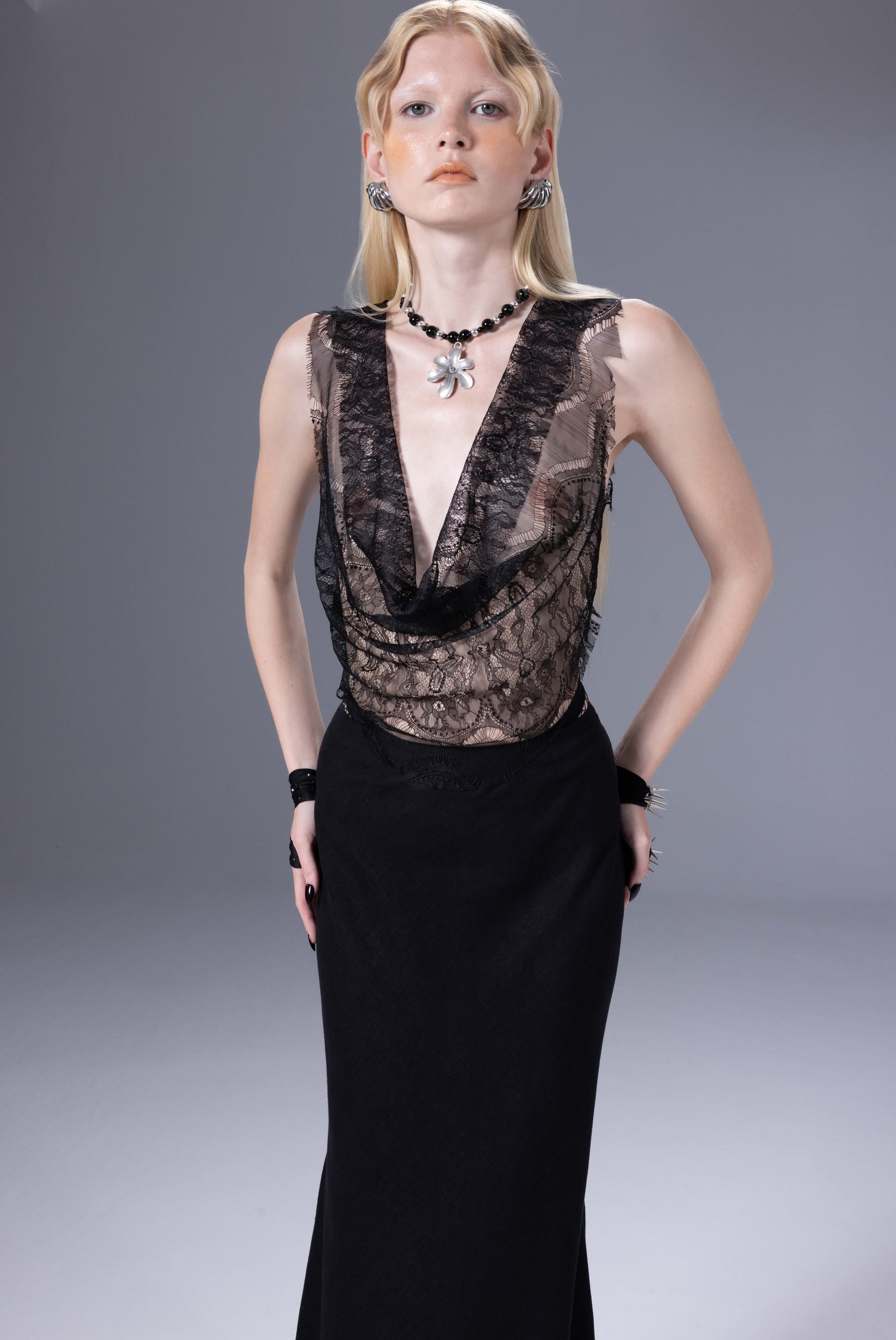 Death Is Easy-Noir Lace Deep V Neck Top-Top-1-Milagron.com