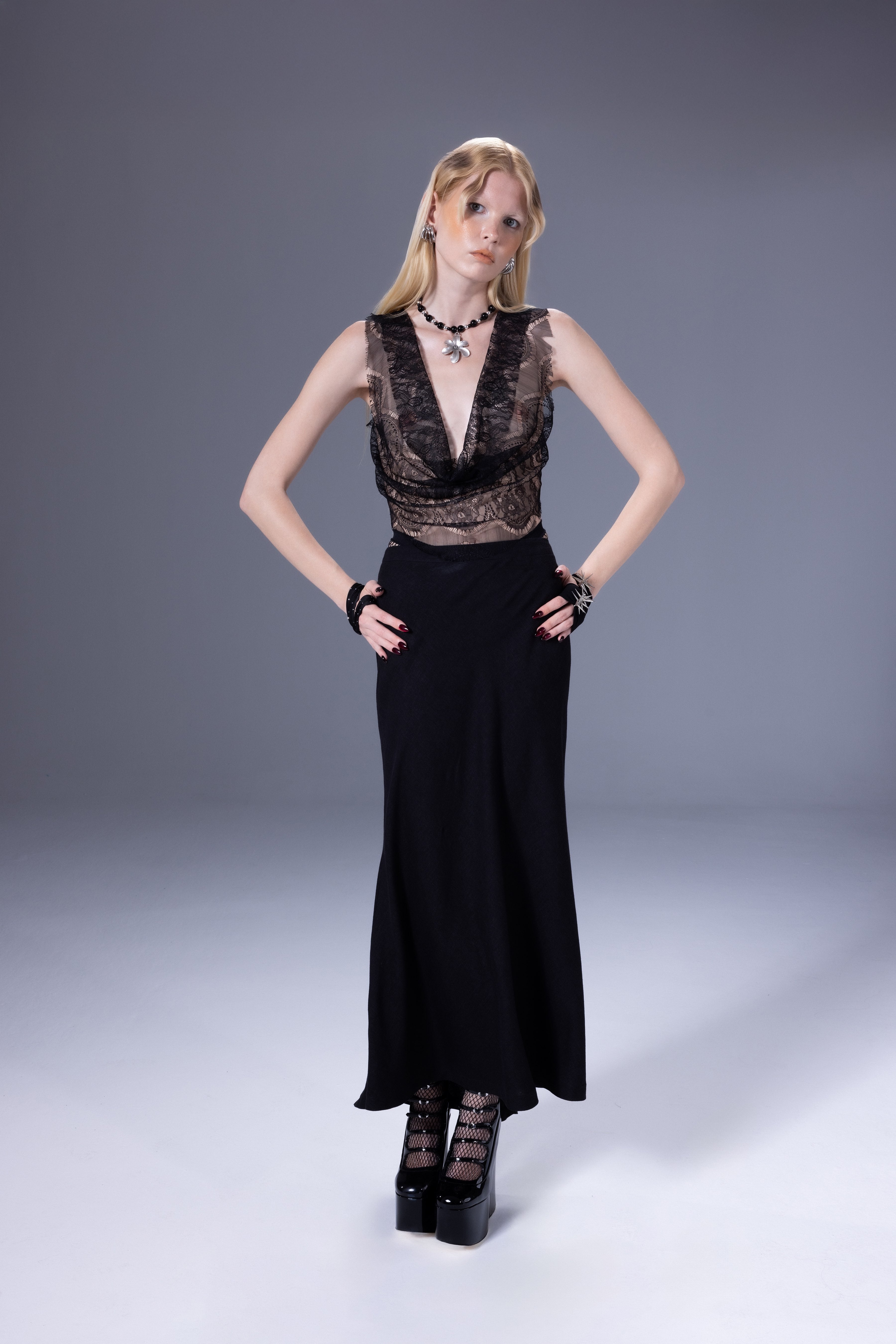 Death Is Easy-Noir Lace Deep V Neck Top-Top-2-Milagron.com