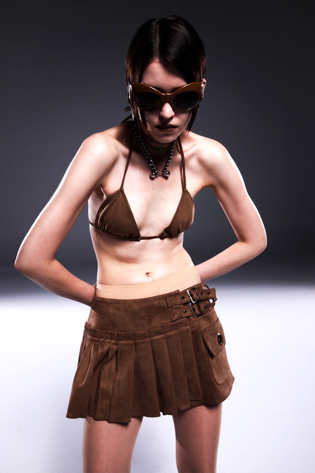 Death Is Easy-Taupe Brown Pleated Mini Skirt-Etek-1-Milagron.com