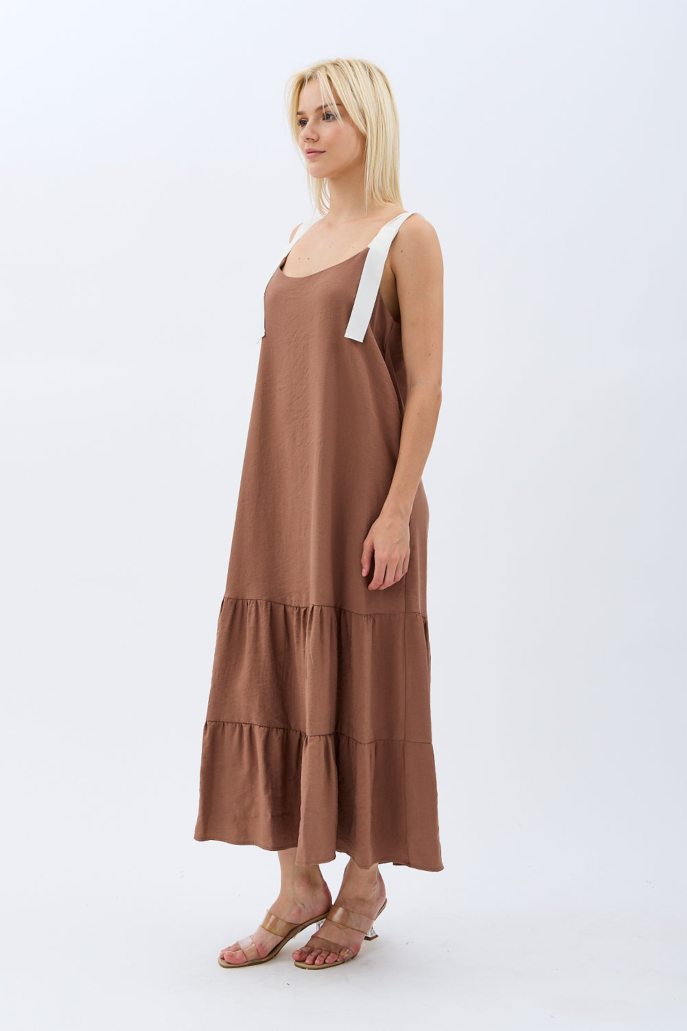 Diagonal-Askılı Maxi Boy Salaş Elbise (Kahverengi)-ELBİSE-1-Milagron.com