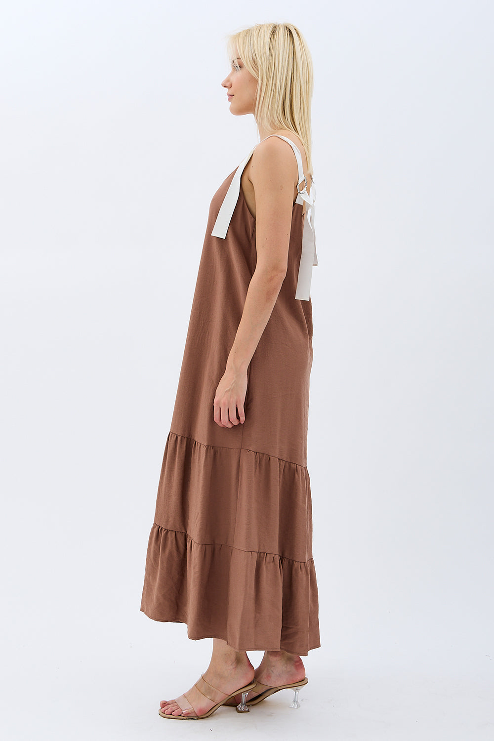 Diagonal-Askılı Maxi Boy Salaş Elbise (Kahverengi)-ELBİSE-3-Milagron.com