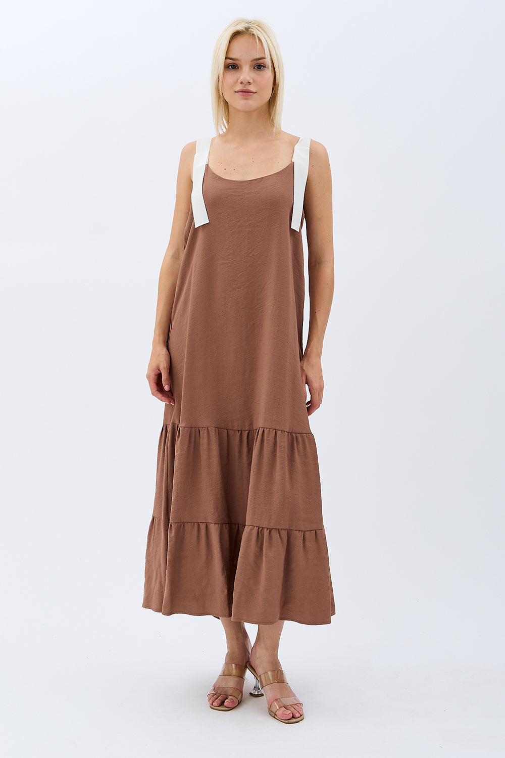 Diagonal-Askılı Maxi Boy Salaş Elbise (Kahverengi)-ELBİSE-6-Milagron.com