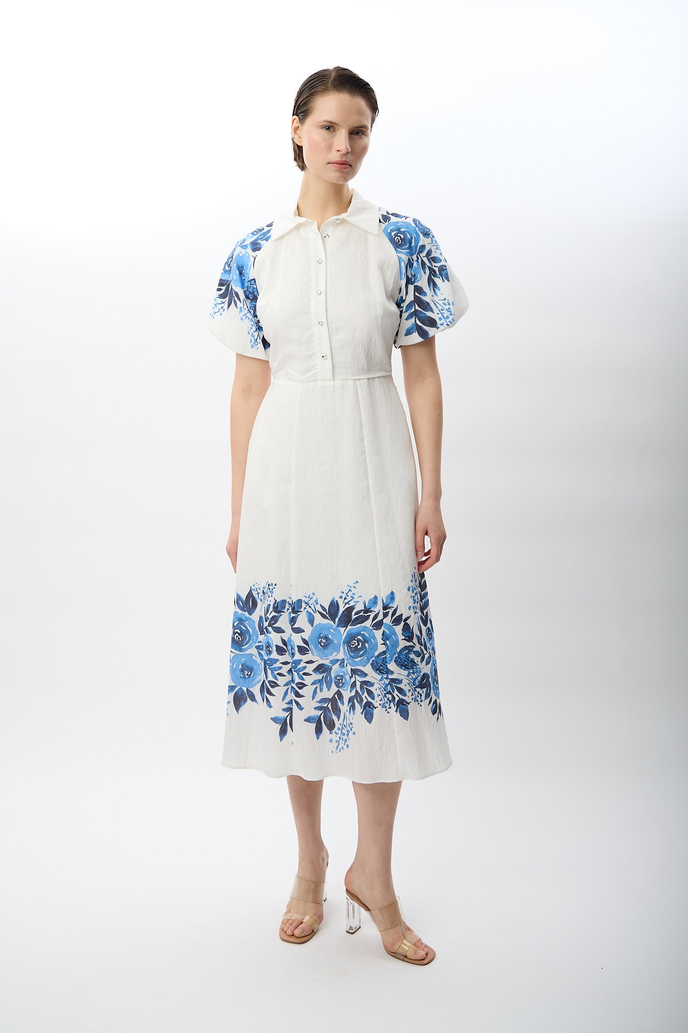 Diagonal-Balon Kollu Desenli Maksi Elbise-,-3-Milagron.com