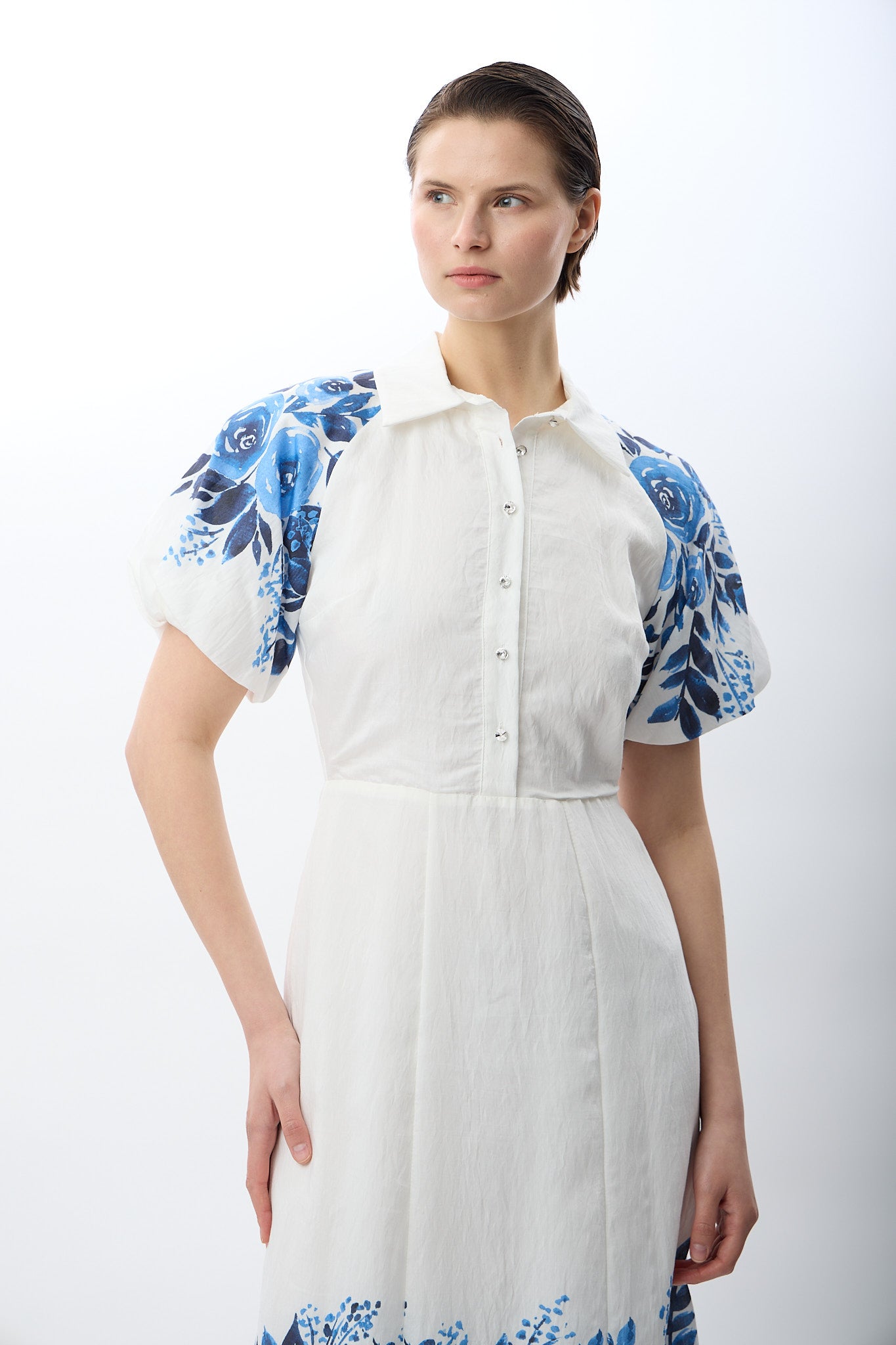 Diagonal-Balon Kollu Desenli Maksi Elbise-,-4-Milagron.com